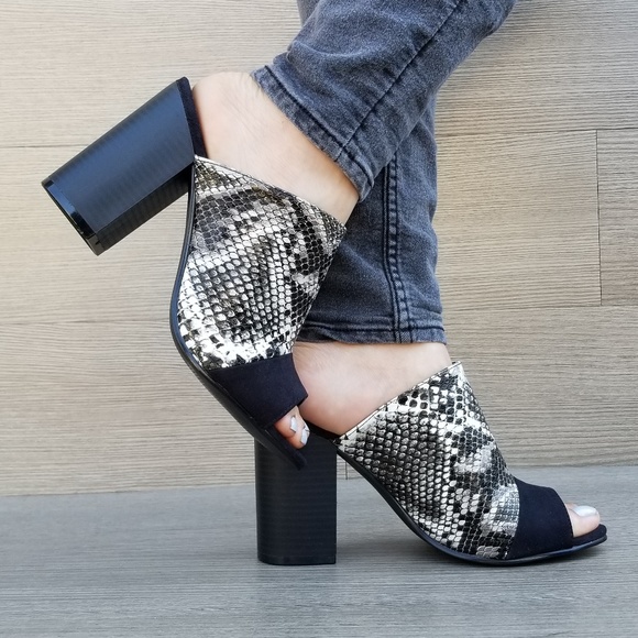 Shoes - Snake Open Toe Slip on Loafer Chunky High Heel